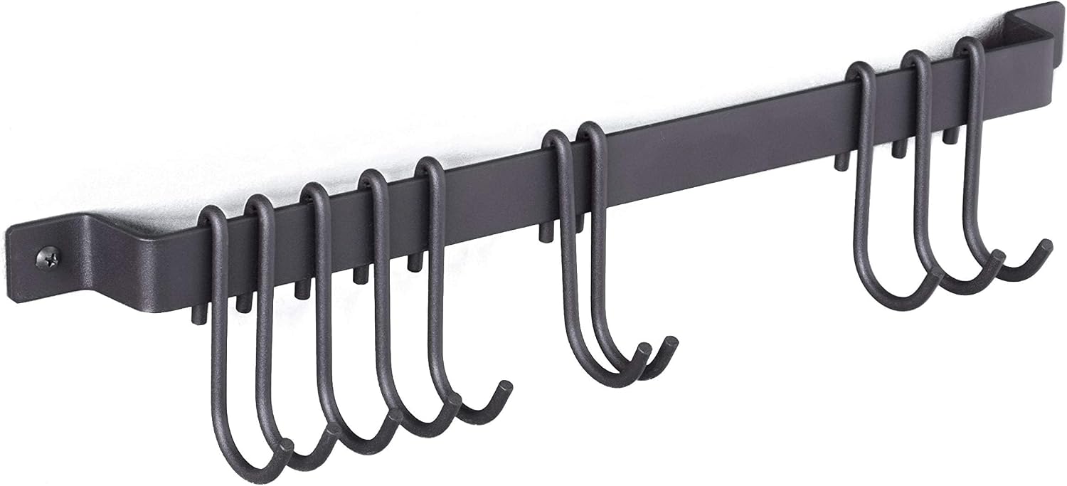 Rack with 10 Hooks - 17 Inch Black Farmhouse Kitchen Rail, Hanging Organizer for Pots, Pans, Utensils, Mugs & Towels, Sturdy Rustic Wall Mount Rod - Image 1