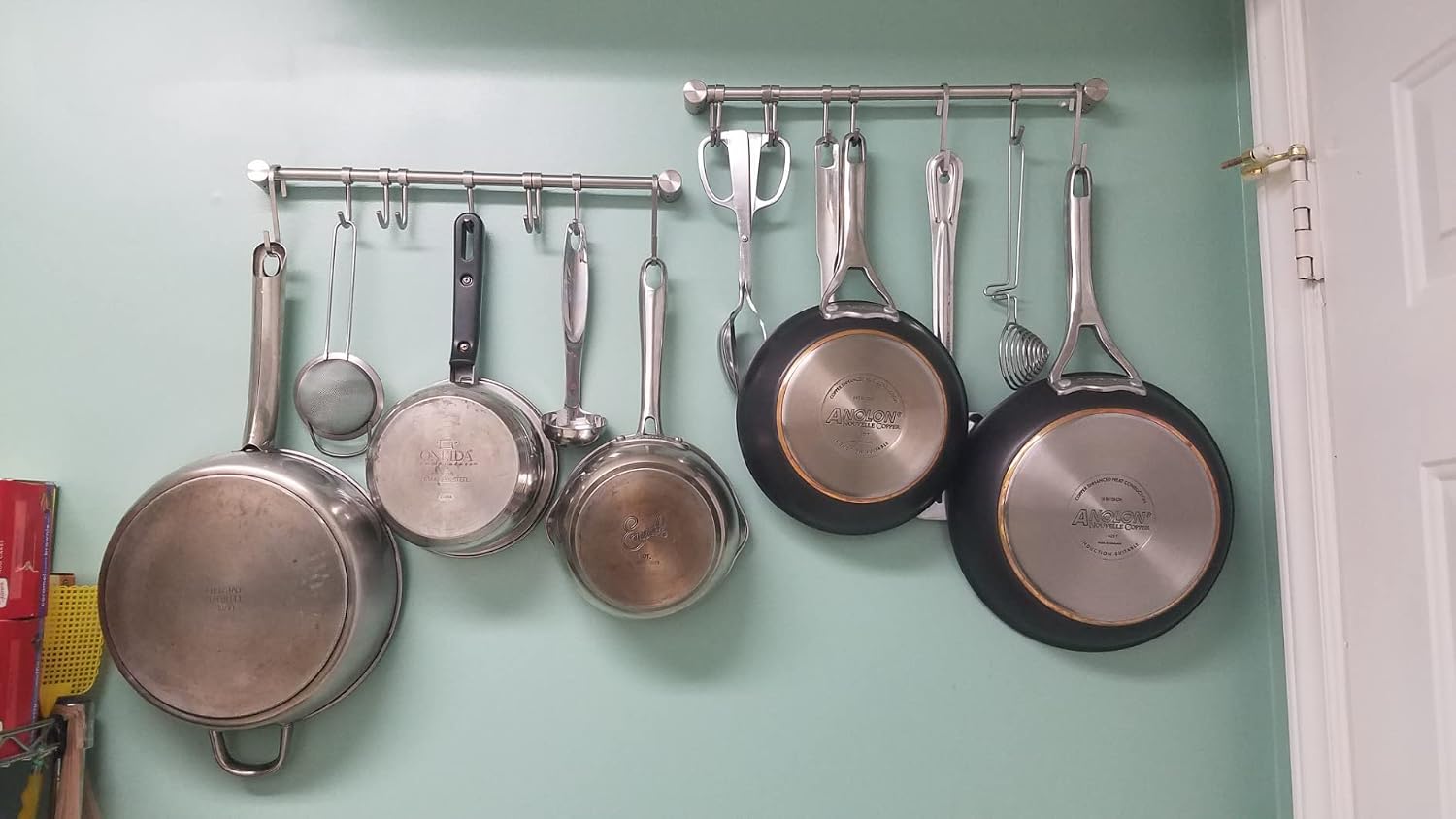 Kitchen Utensil Rack 2 Pack, 15.6 Inch Pots and Pans Hanging Rack Wall Mounted, 304 Stainless Steel Lid Cooking Utensil Hanger, 7 Sliding Hooks for Spatula Spoon, Measuring Cups, Coffee Mug - Image 2