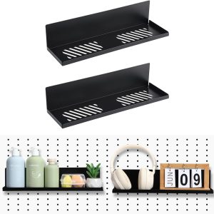 2 Pack Magnetic Pegboard Shelves Wall Organizer, Metal Peg Board Shelf Brackets, Steel Tray Pegboard Accessories Organizing Tools For Craft Home Kitchen (16 x 4.7 x 3.5 Inches, Black) - Image 1