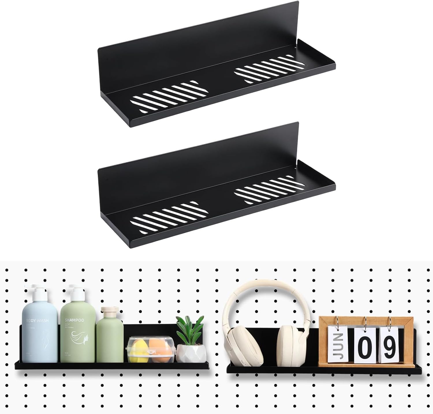 2 Pack Magnetic Pegboard Shelves Wall Organizer, Metal Peg Board Shelf Brackets, Steel Tray Pegboard Accessories Organizing Tools For Craft Home Kitchen (16 x 4.7 x 3.5 Inches, Black) - Image 1