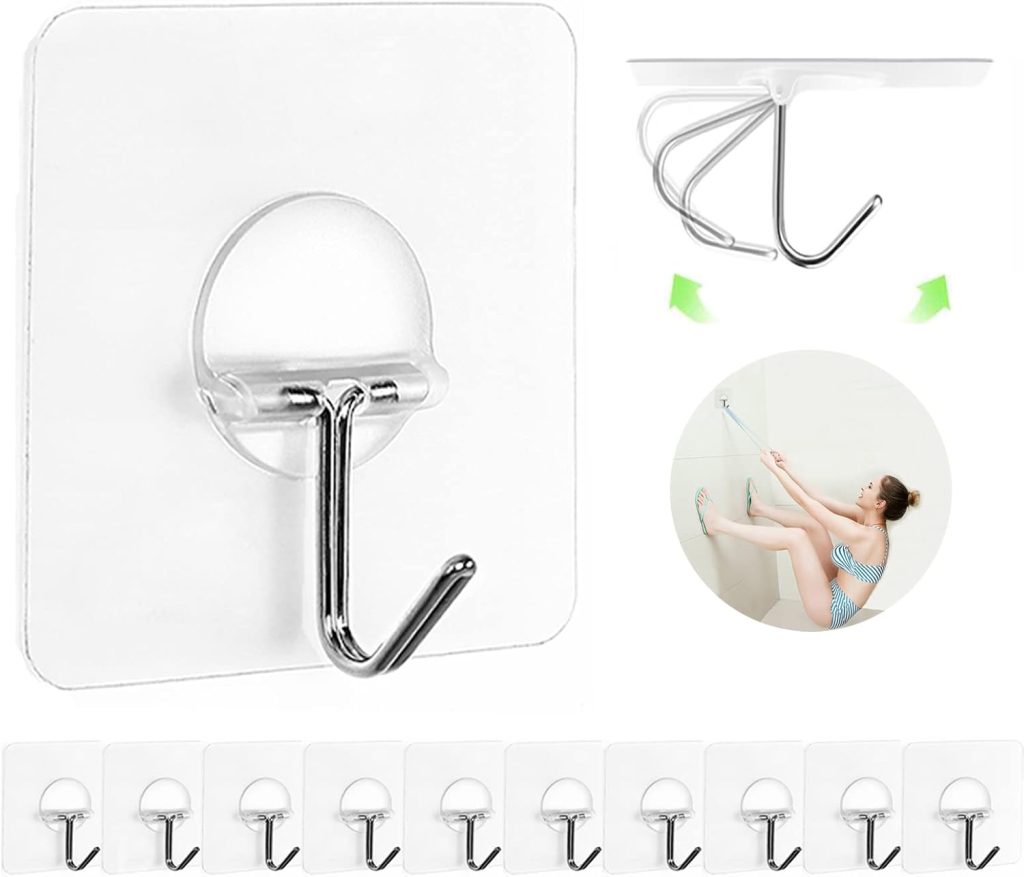 Adhesive Wall Hooks 13LB Heavy Duty No Drill Transparent Waterproof Hooks for Bathroom Kitchen Towel Coat 12 Pack