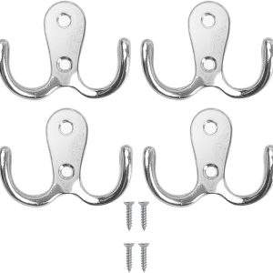 Double Prong Coat Hook Robe Hooks Dual Coat Hooks Wall Mounted Hanging Clothes Metal Door Hooks for Bathroom Bedrooms Hanging Clothes Robe Towel Kitchen (Sliver) - 4PCS - Image 1