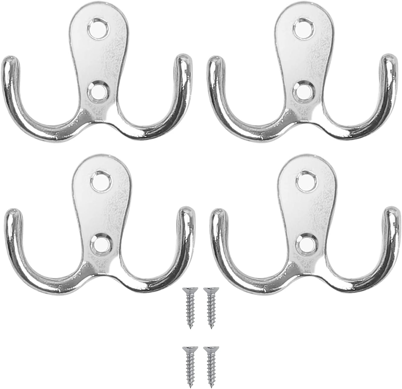 Double Prong Coat Hook Robe Hooks Dual Coat Hooks Wall Mounted Hanging Clothes Metal Door Hooks for Bathroom Bedrooms Hanging Clothes Robe Towel Kitchen (Sliver) - 4PCS - Image 1