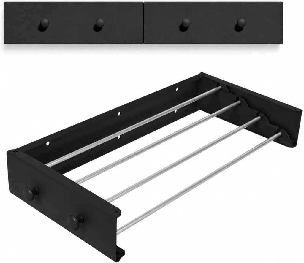 Black Wall-Mounted Foldable Clothes Drying Rack with Hooks