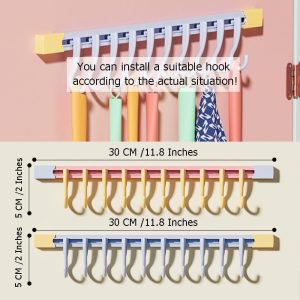 2 Pcs Adhesive Slide Rail Hook, Wall Mount Kitchen Utensil Holder Rack with 10 Hooks Each Pink 11.8 Inch No Punching Adjustable Hanging Storage - Image 3