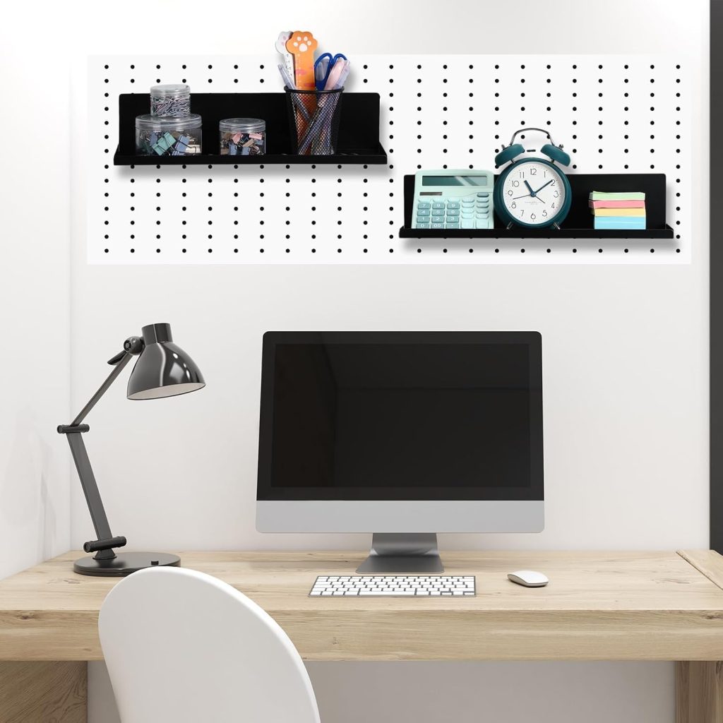 2 Pack Magnetic Pegboard Shelves Wall Organizer, Metal Peg Board Shelf Brackets, Steel Tray Pegboard Accessories Organizing Tools For Craft Home Kitchen (16 x 4.7 x 3.5 Inches, Black)