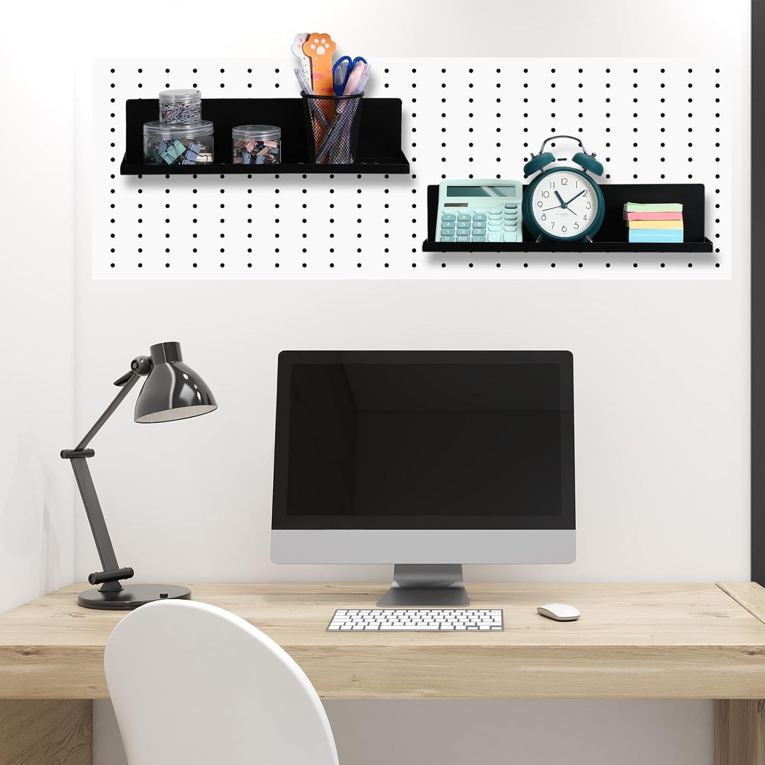 2 Pack Magnetic Pegboard Shelves Wall Organizer, Metal Peg Board Shelf Brackets, Steel Tray Pegboard Accessories Organizing Tools For Craft Home Kitchen (16 x 4.7 x 3.5 Inches, Black) - Image 3