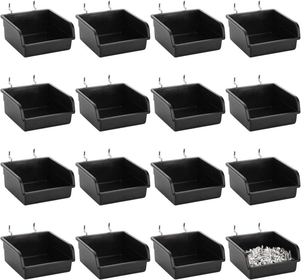 16 Pack Pegboard Bins with Metal Hooks, Black Garage Workbench Bins Cups Peg Board Accessories Kit, Pegboard Tools Organizer for Hardware, Workshop, Craft Room, Tool Shed, Hobby Supplies