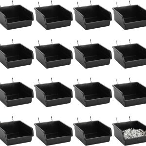16 Pack Pegboard Bins with Metal Hooks, Black Garage Workbench Bins Cups Peg Board Accessories Kit, Pegboard Tools Organizer for Hardware, Workshop, Craft Room, Tool Shed, Hobby Supplies - Image 3