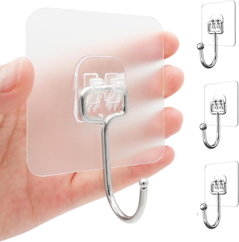 50 Pcs Self Adhesive Hooks, Transparent Wall Hooks, Waterproof Oilproof Bathroom Kitchen Heavy Duty Adhesive Hooks, Robe, Towel, Coat, Key Hooks