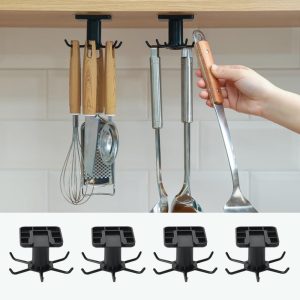 4PCS Under Cabinet Hooks for Kitchen, Nail-Free Adhesive Hanging Rack with 360 Rotation, Space-Saving Utensil, Towel, Tool Organizer, No Drilling - Image 1