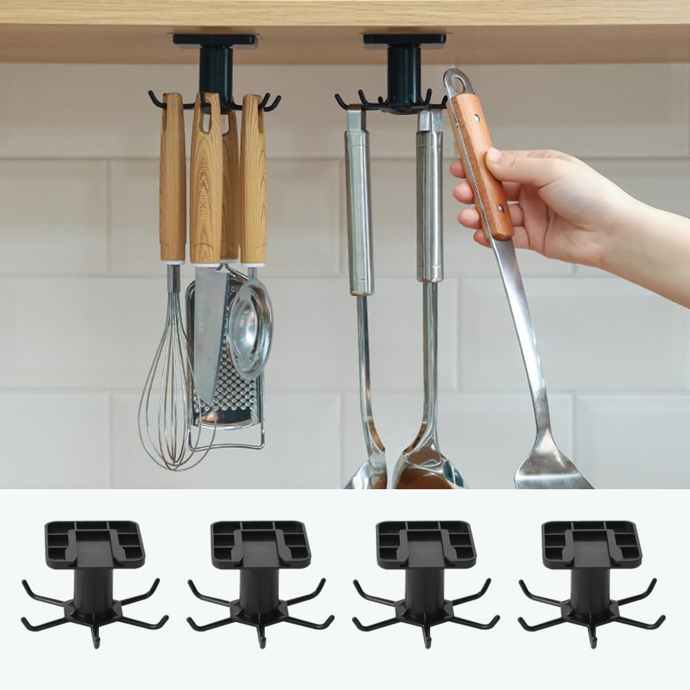 4PCS Under Cabinet Hooks for Kitchen, Nail-Free Adhesive Hanging Rack with 360 Rotation, Space-Saving Utensil, Towel, Tool Organizer, No Drilling