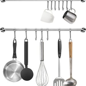 Kitchen Utensil Rack 2 Pack, 15.6 Inch Pots and Pans Hanging Rack Wall Mounted, 304 Stainless Steel Lid Cooking Utensil Hanger, 7 Sliding Hooks for Spatula Spoon, Measuring Cups, Coffee Mug - Image 1