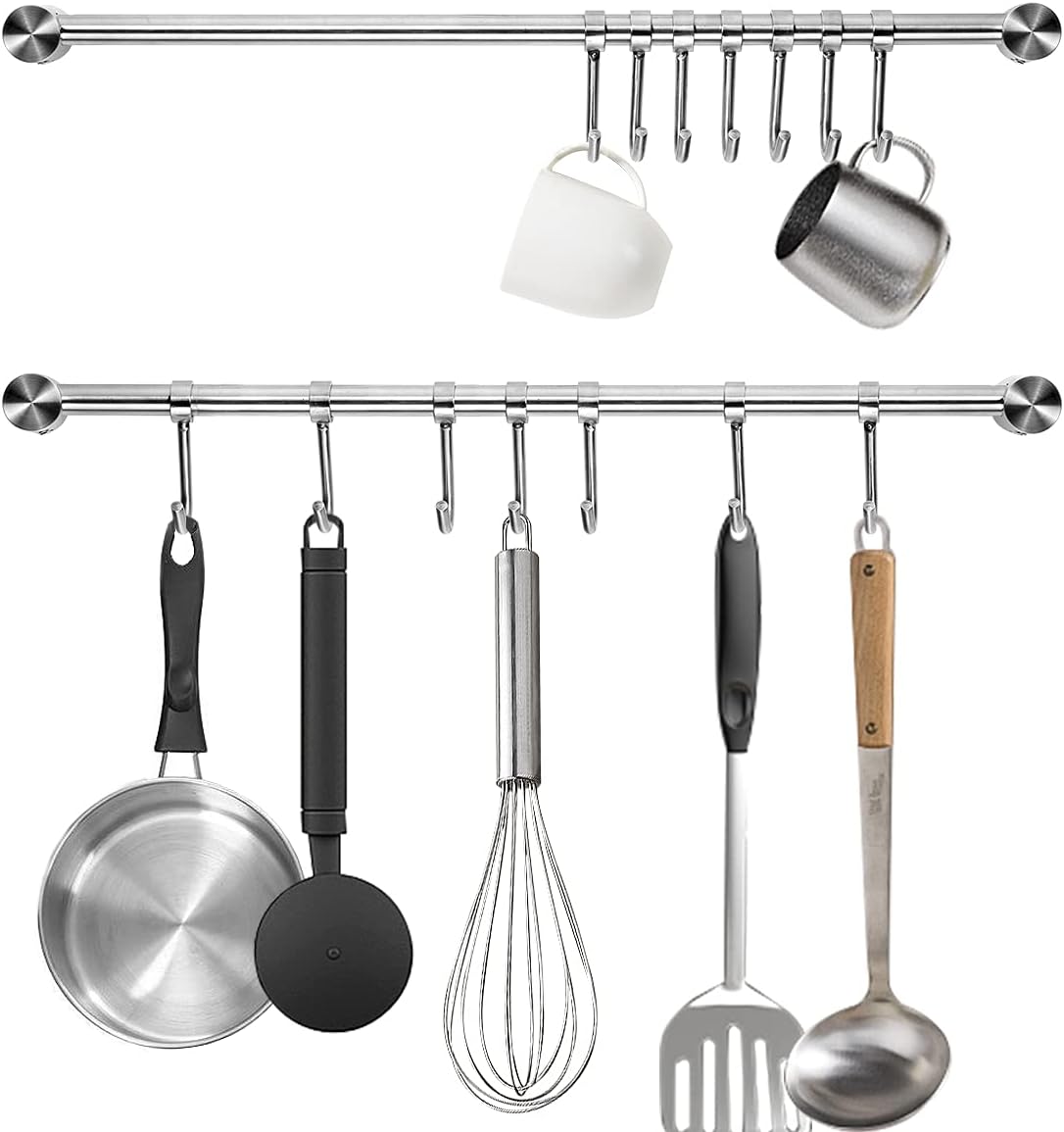 Kitchen Utensil Rack 2 Pack, 15.6 Inch Pots and Pans Hanging Rack Wall Mounted, 304 Stainless Steel Lid Cooking Utensil Hanger, 7 Sliding Hooks for Spatula Spoon, Measuring Cups, Coffee Mug - Image 1
