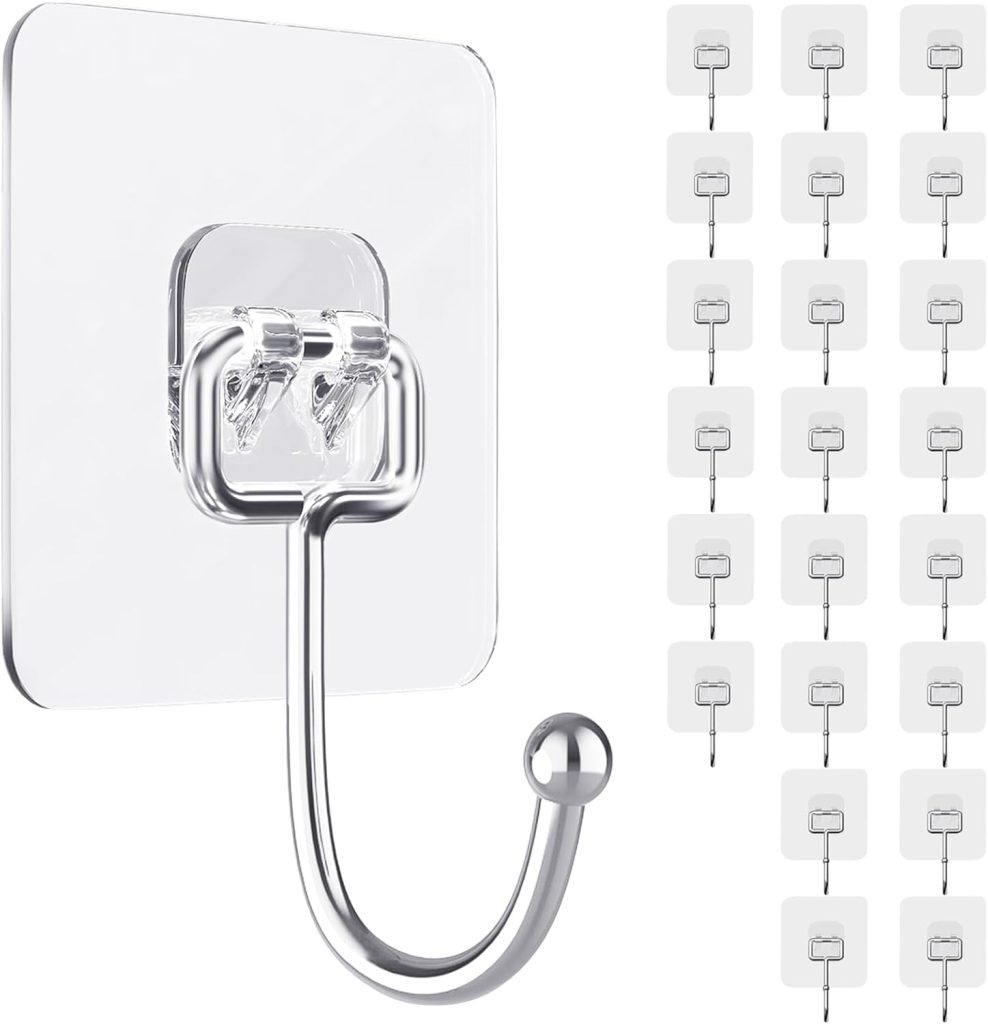Adhesive Wall Hooks for Hanging, 16 Pack Self Sticky Hooks Heavy Duty 22lb Clear, Removable Shower Hook No Damage for Towel Key Coat Wreath Picture Outdoor Ceiling Bathroom Kitchen, Waterproof