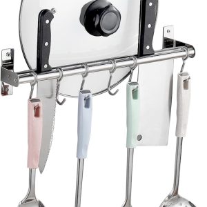Rack Stainless Steel Rail Hanger Rod Wall Mounted Pot Pan Lid Holder Cookware Storage Organizer with Sliding Hooks for Kitchen Bathroom - Image 5