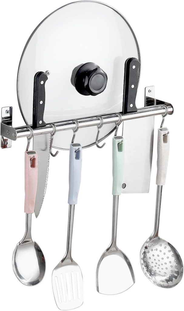 Rack Stainless Steel Rail Hanger Rod Wall Mounted Pot Pan Lid Holder Cookware Storage Organizer with Sliding Hooks for Kitchen Bathroom
