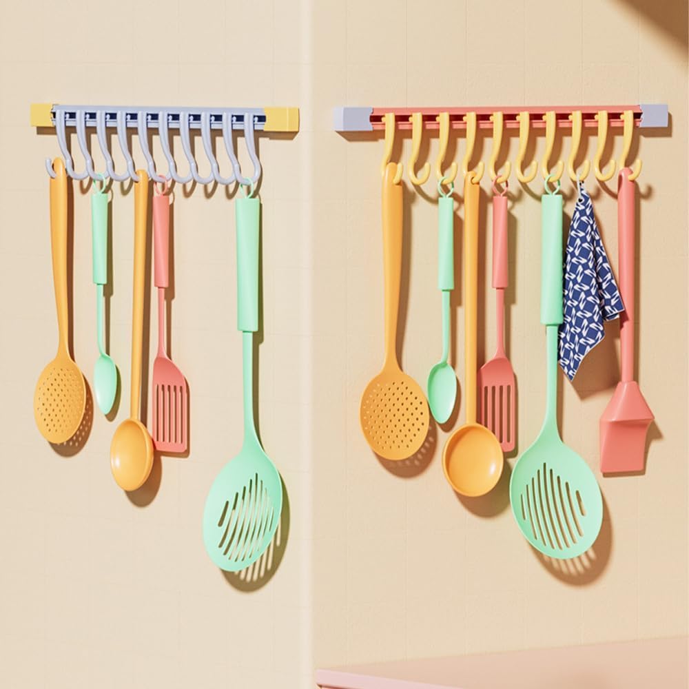 2 Pcs Adhesive Slide Rail Hook, Wall Mount Kitchen Utensil Holder Rack with 10 Hooks Each Pink 11.8 Inch No Punching Adjustable Hanging Storage