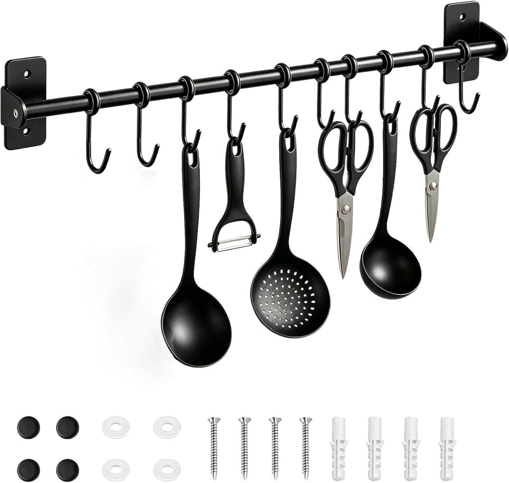 Rack, 40cm Utensil Holder Hanger Wall Mounted Kitchen Rail Pan Hanger with 10 Removable S Hooks for Mug Cup Small Items Cooking Pan Pot Bathroom