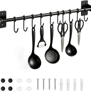 Rack, 40cm Utensil Holder Hanger Wall Mounted Kitchen Rail Pan Hanger with 10 Removable S Hooks for Mug Cup Small Items Cooking Pan Pot Bathroom - Image 1