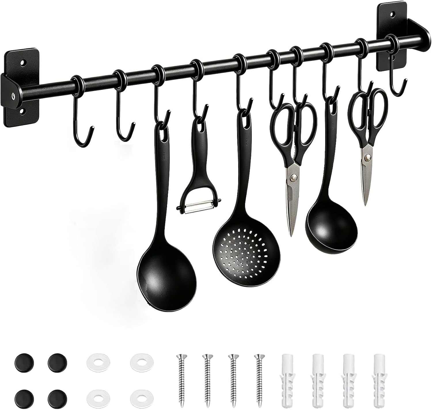 Rack, 40cm Utensil Holder Hanger Wall Mounted Kitchen Rail Pan Hanger with 10 Removable S Hooks for Mug Cup Small Items Cooking Pan Pot Bathroom - Image 1