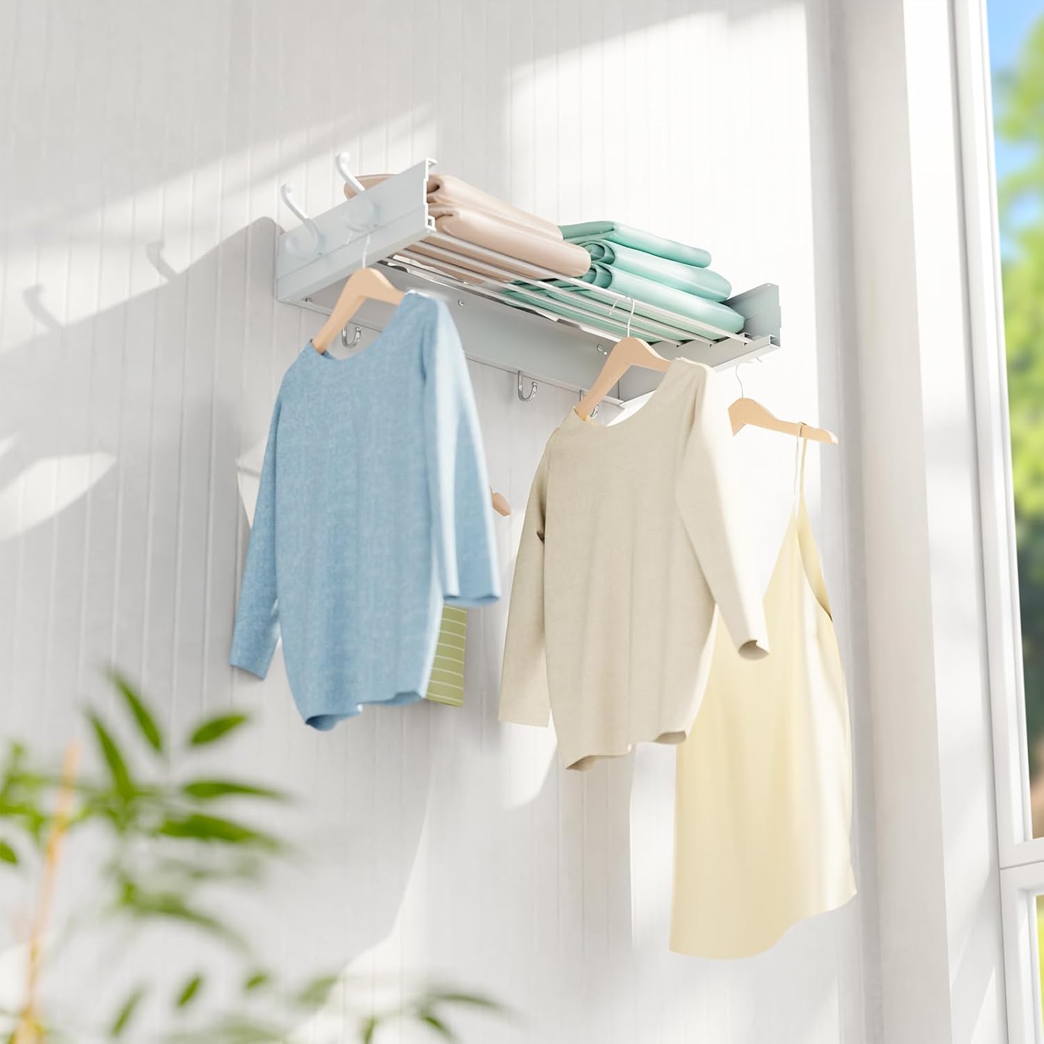 Wall-Mounted Foldable Clothes Drying Rack with Hooks - Image 2
