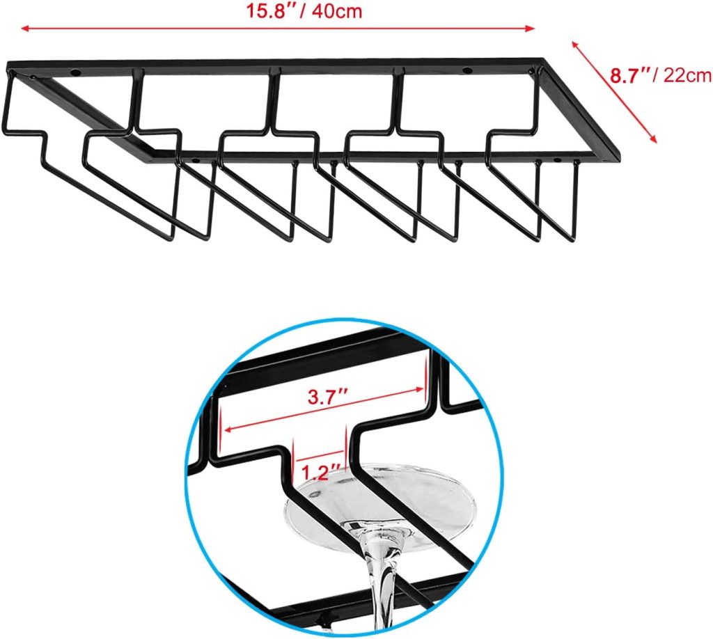 Wine Glasses Rack Under Cabinet Stemware Rack, Wine Glass Hanger Rack Wire Wine Glass Holder Storage Hanger for Cabinet Kitchen Bar (Black, 4 Rows 2 Pack)