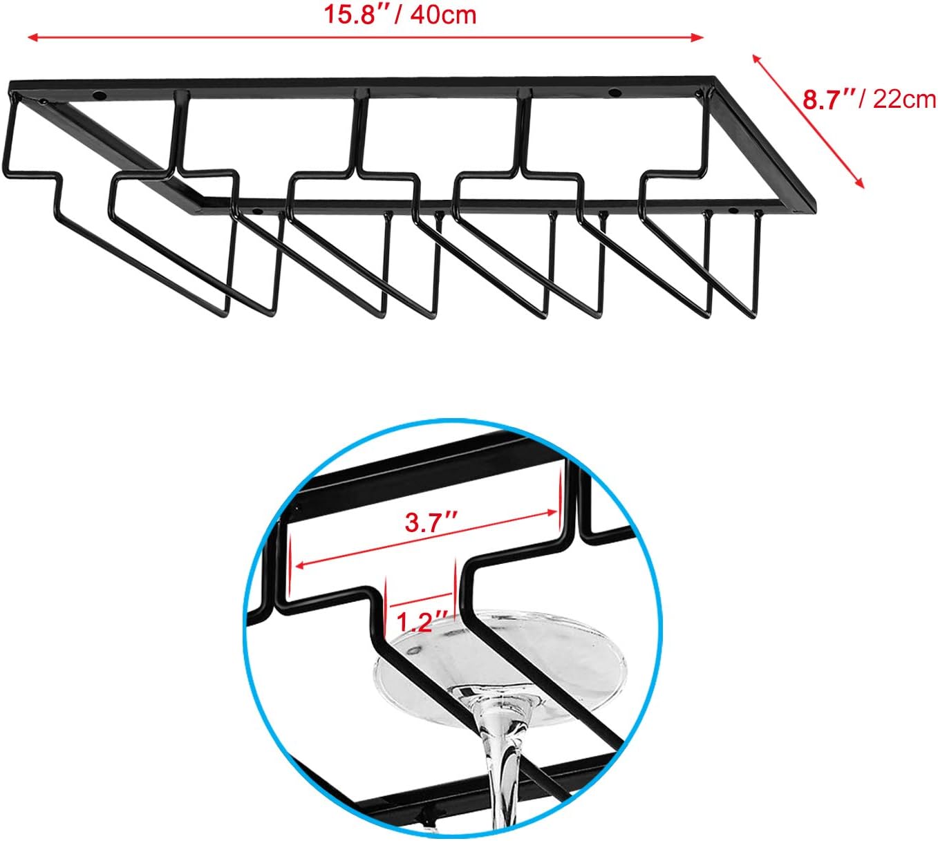 Wine Glasses Rack Under Cabinet Stemware Rack, Wine Glass Hanger Rack Wire Wine Glass Holder Storage Hanger for Cabinet Kitchen Bar (Black, 4 Rows 2 Pack) - Image 3