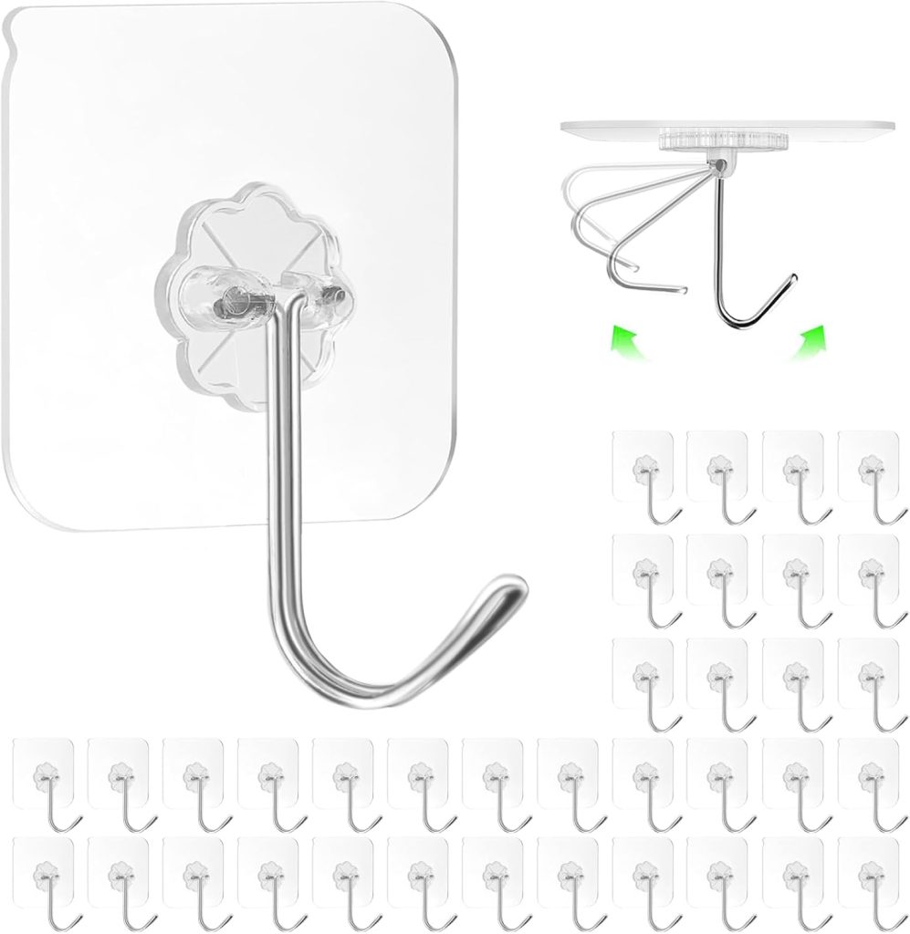 Adhesive Wall Hooks for Hanging, 16 Pack Self Sticky Hooks Heavy Duty 22lb Clear, Removable Shower Hook No Damage for Towel Key Coat Wreath Picture Outdoor Ceiling Bathroom Kitchen, Waterproof