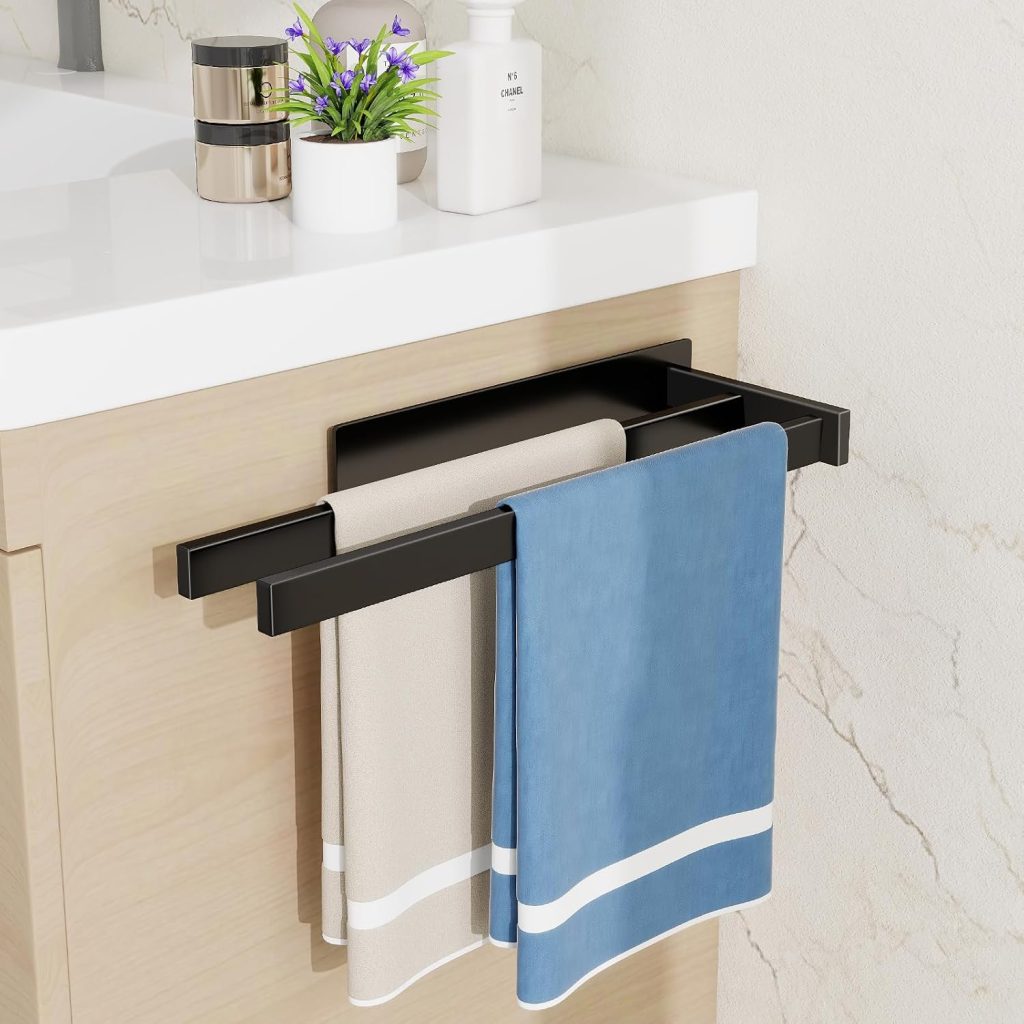 36CM Kitchen Towel Holder Double Bar, No Drilling Rust-Proof, Black