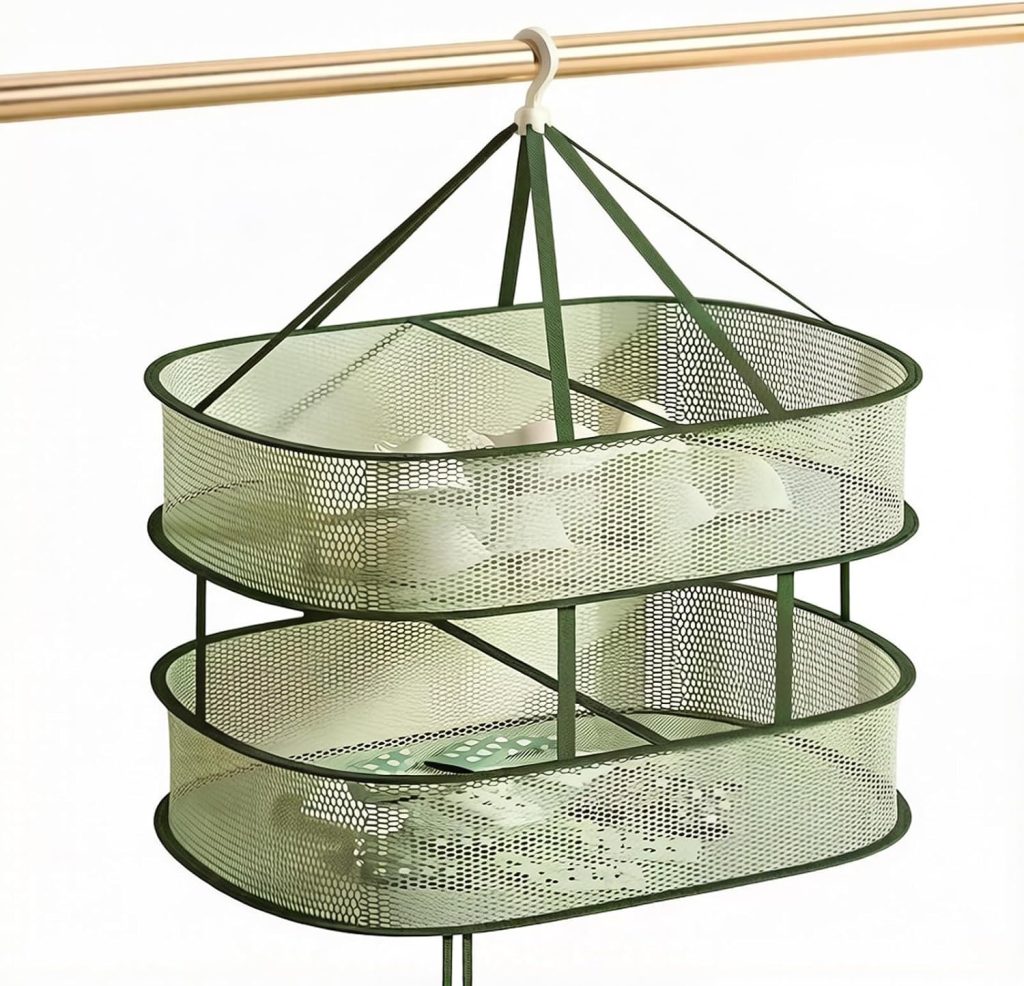 Two-Tier Green Hanging Mesh Laundry Drying Net, 77 x 61 cm