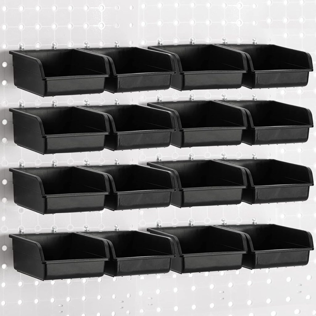 16 Pack Pegboard Bins with Metal Hooks, Black Garage Workbench Bins Cups Peg Board Accessories Kit, Pegboard Tools Organizer for Hardware, Workshop, Craft Room, Tool Shed, Hobby Supplies