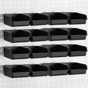 16 Pack Pegboard Bins with Metal Hooks, Black Garage Workbench Bins Cups Peg Board Accessories Kit, Pegboard Tools Organizer for Hardware, Workshop, Craft Room, Tool Shed, Hobby Supplies - Image 2