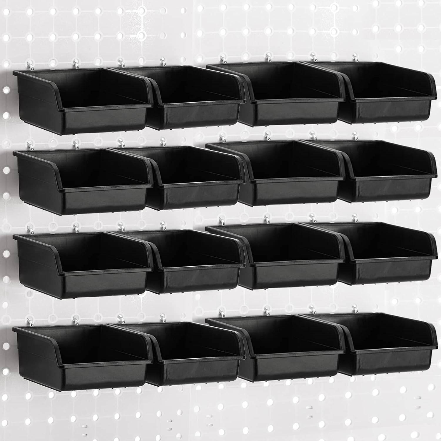 16 Pack Pegboard Bins with Metal Hooks, Black Garage Workbench Bins Cups Peg Board Accessories Kit, Pegboard Tools Organizer for Hardware, Workshop, Craft Room, Tool Shed, Hobby Supplies - Image 2