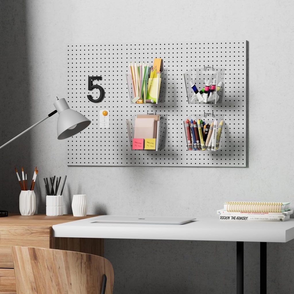 Large Pegboard Cups Peg Board Storage Bin 6 PACK with Hooks, Square Box Shape Pegboard Cup Holder Accessories for Garage Workbench/Craft