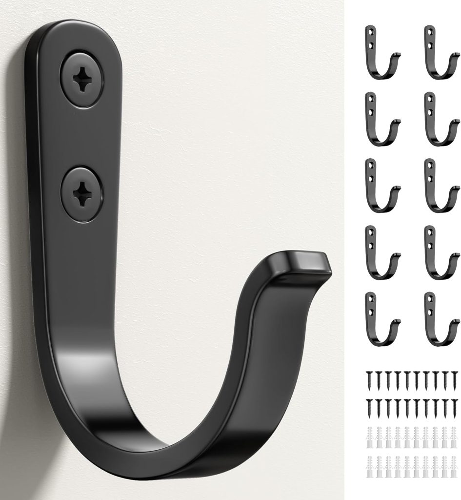 10Pcs Wall Hooks for Bathroom, Kitchen, Closet, and Garage - Black Metal Hooks for Hanging Coats, Towels, Hats, Keys, Bags, and Coffee Cups - Holds Up to 40 lbs | for Bathroom, Kitchen, Closet, and Garage, for Hanging Coats, Towels
