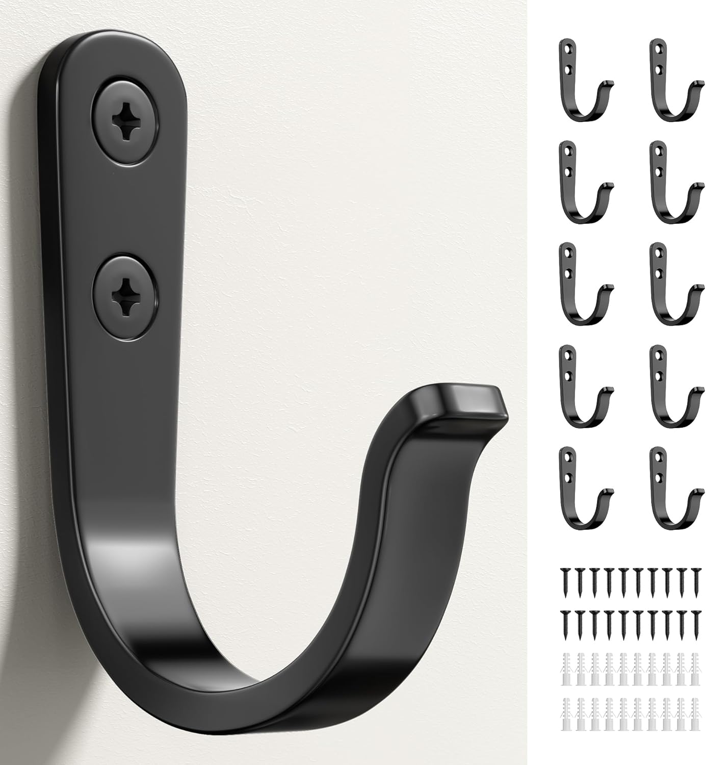 10Pcs Wall Hooks for Bathroom, Kitchen, Closet, and Garage - Black Metal Hooks for Hanging Coats, Towels, Hats, Keys, Bags, and Coffee Cups - Holds Up to 40 lbs | for Bathroom, Kitchen, Closet, and Garage, for Hanging Coats, Towels - Image 3