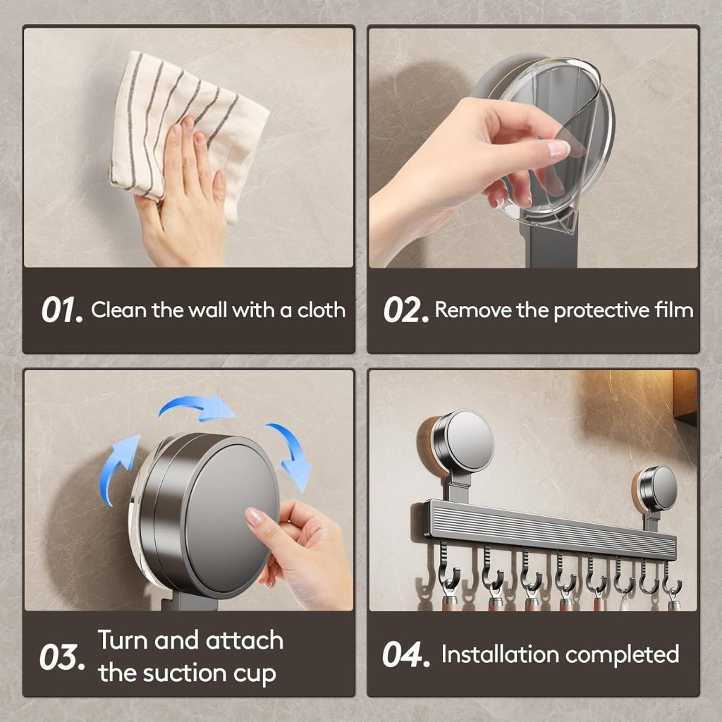 Kitchen Hook Rack No Drilling with Suction Cup, 40 cm Stainless Steel Utensil Holder Hanger Wall Mount with 8 Adjustable Hooks, Space-Saving Removable Rustproof Rack Rail for Pots Kitchen Bathroom