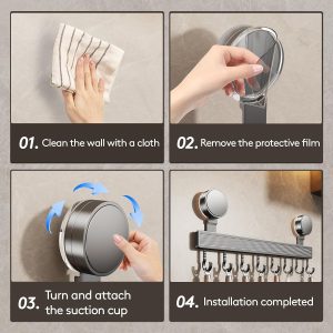 Kitchen Hook Rack No Drilling with Suction Cup, 40 cm Stainless Steel Utensil Holder Hanger Wall Mount with 8 Adjustable Hooks, Space-Saving Removable Rustproof Rack Rail for Pots Kitchen Bathroom - Image 3