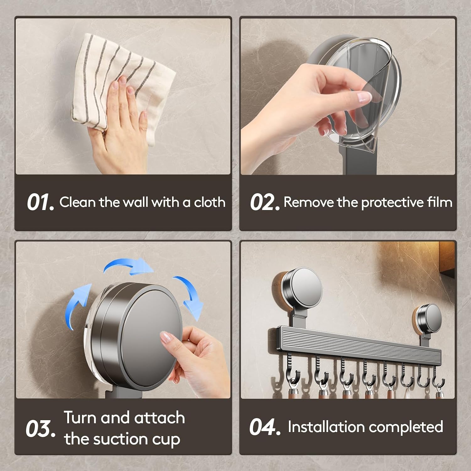 Kitchen Hook Rack No Drilling with Suction Cup, 40 cm Stainless Steel Utensil Holder Hanger Wall Mount with 8 Adjustable Hooks, Space-Saving Removable Rustproof Rack Rail for Pots Kitchen Bathroom - Image 3