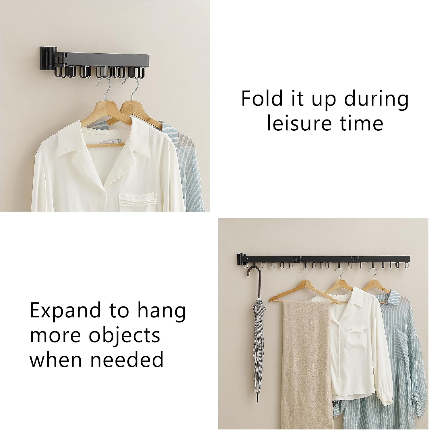 Wall-Mounted Folding Clothes Drying Rack with Swivel Hooks - Image 5