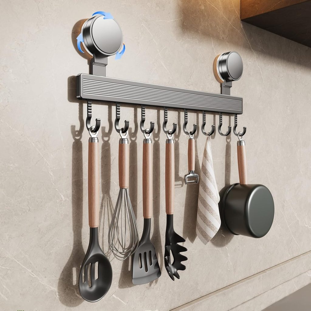 Kitchen Hook Rack No Drilling with Suction Cup, 40 cm Stainless Steel Utensil Holder Hanger Wall Mount with 8 Adjustable Hooks, Space-Saving Removable Rustproof Rack Rail for Pots Kitchen Bathroom