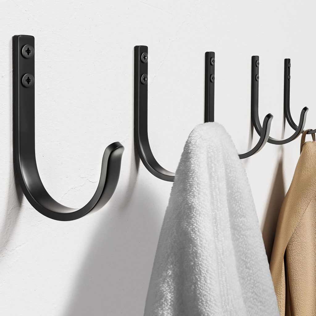 Wall Hooks for Hanging Towel/Coat - 22LB Screw in Metal Hanger Wall Mount, for Outdoor, Closet, Door, Bathrooms, for Backpack, Robe, Black 5 Pack
