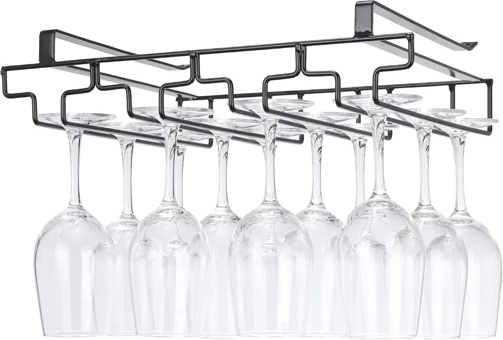 Rack Under Cabinet, Wine Glass Holder, Metal Stemware Rack, Wine Glass Storage Hanger, Single Rail Wine Glass Hanging Rack for Kitchen Bar, Set of 4