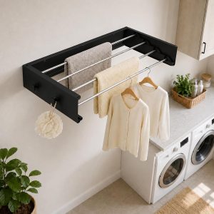 Black Wall-Mounted Foldable Clothes Drying Rack with Hooks - Image 3