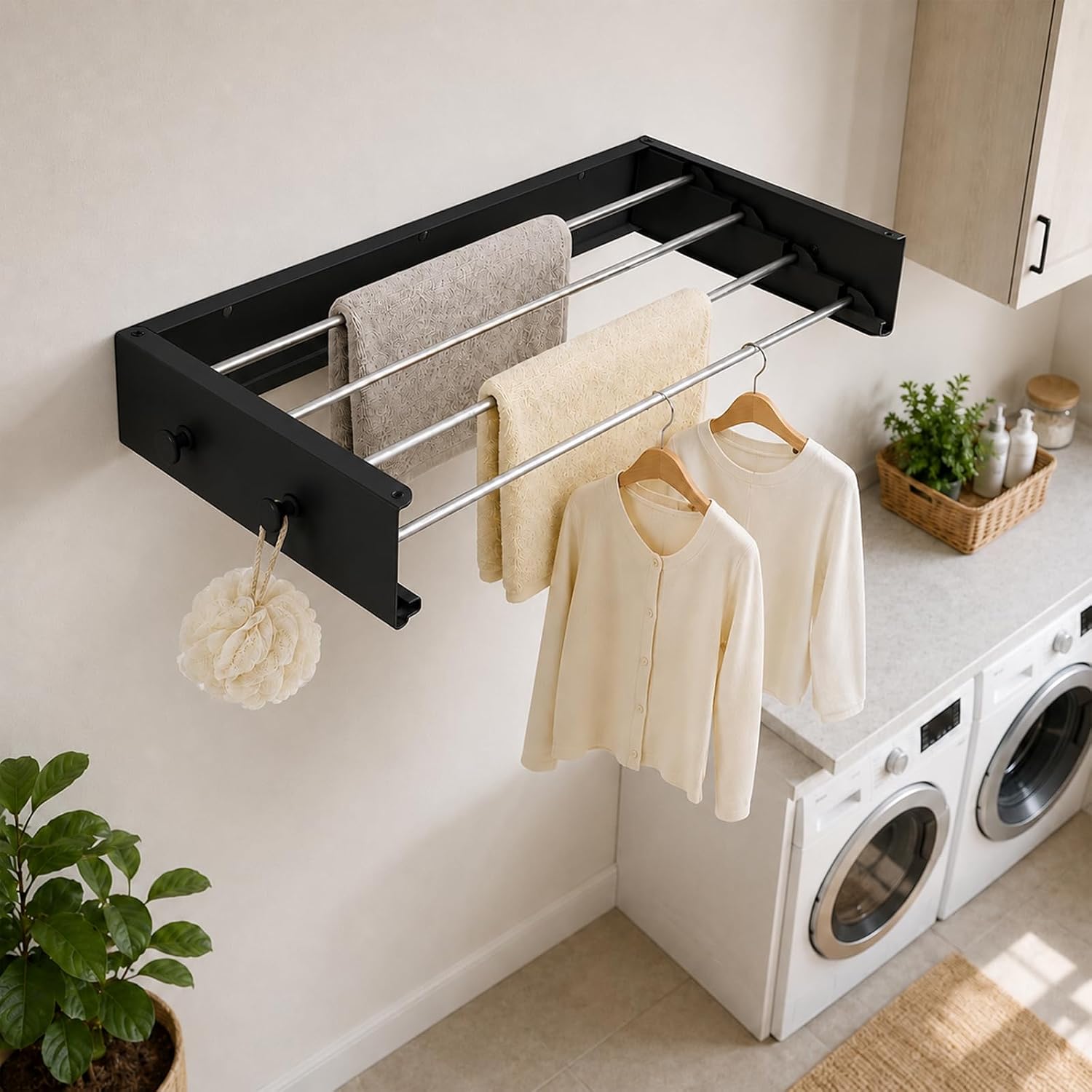 Black Wall-Mounted Foldable Clothes Drying Rack with Hooks - Image 3