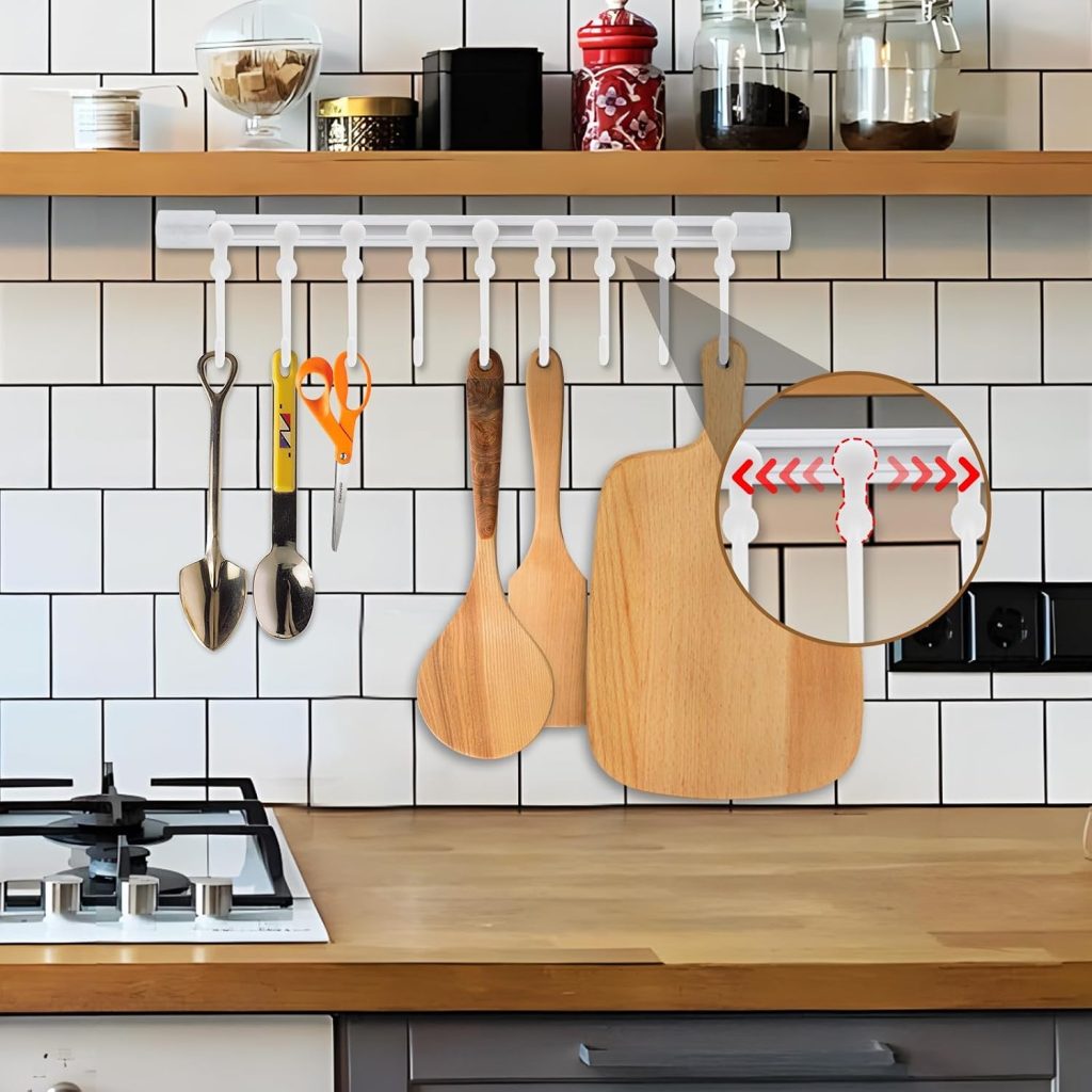 Gourmet Kitchen Rail, Steel Kitchen Utensil Hanging Rail, Wall-Mounted Cookware Organizer with 10 Sliding Hooks, No-Drill Pot Pan Lid Holder for Kitchens & Bathroom Storage, Plastic, White (2pcs)