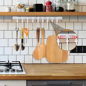 Gourmet Kitchen Rail, Steel Kitchen Utensil Hanging Rail, Wall-Mounted Cookware Organizer with 10 Sliding Hooks, No-Drill Pot Pan Lid Holder for Kitchens & Bathroom Storage, Plastic, White (2pcs) - Image 2