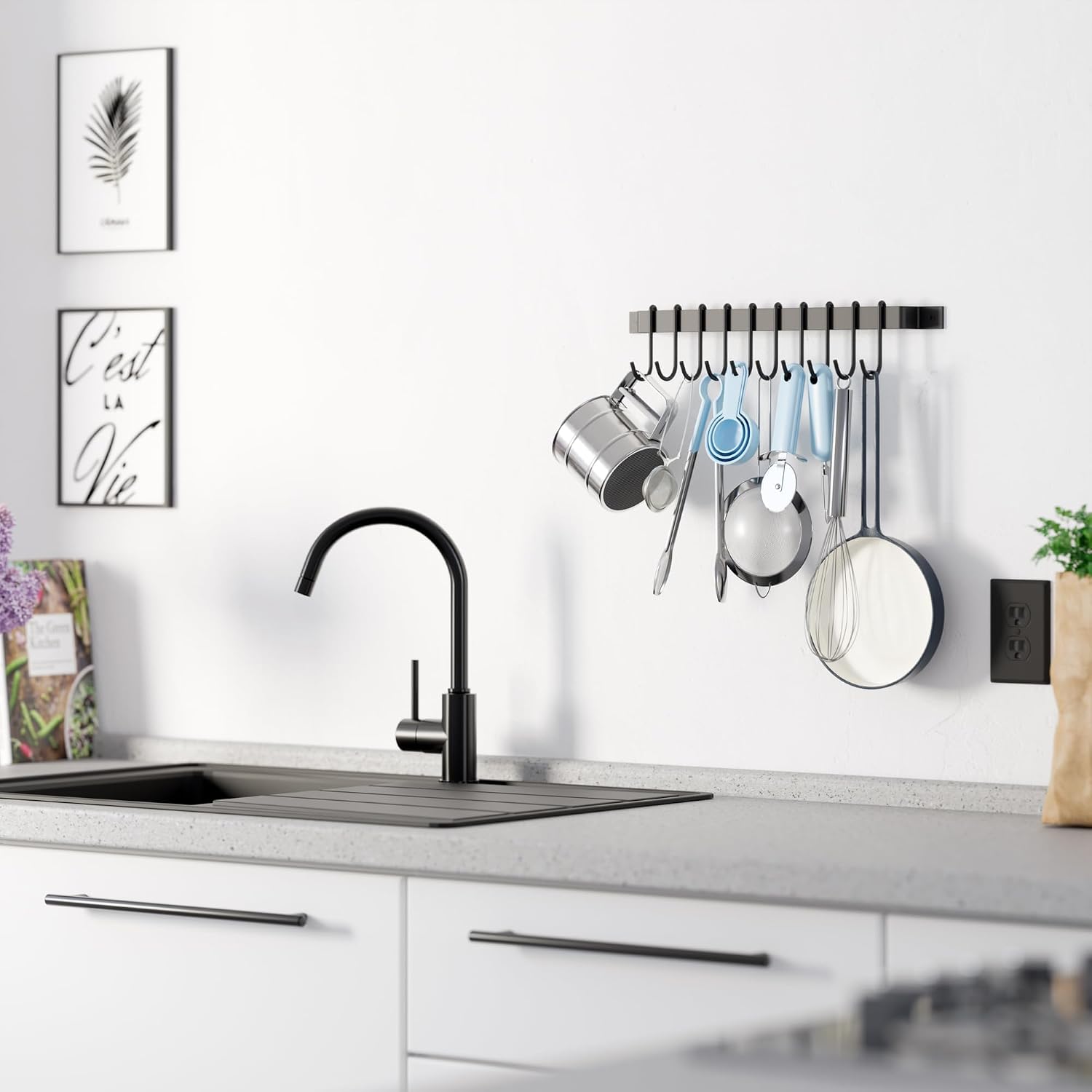 Rack with 10 Hooks - 17 Inch Black Farmhouse Kitchen Rail, Hanging Organizer for Pots, Pans, Utensils, Mugs & Towels, Sturdy Rustic Wall Mount Rod - Image 3