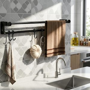 Kitchen Rail 60 cm with 8 Hooks, Black Kitchen Rail, Hook Rack for Kitchen Utensils, Wall Holder, with Enclosed Assembly Instructions - Image 3